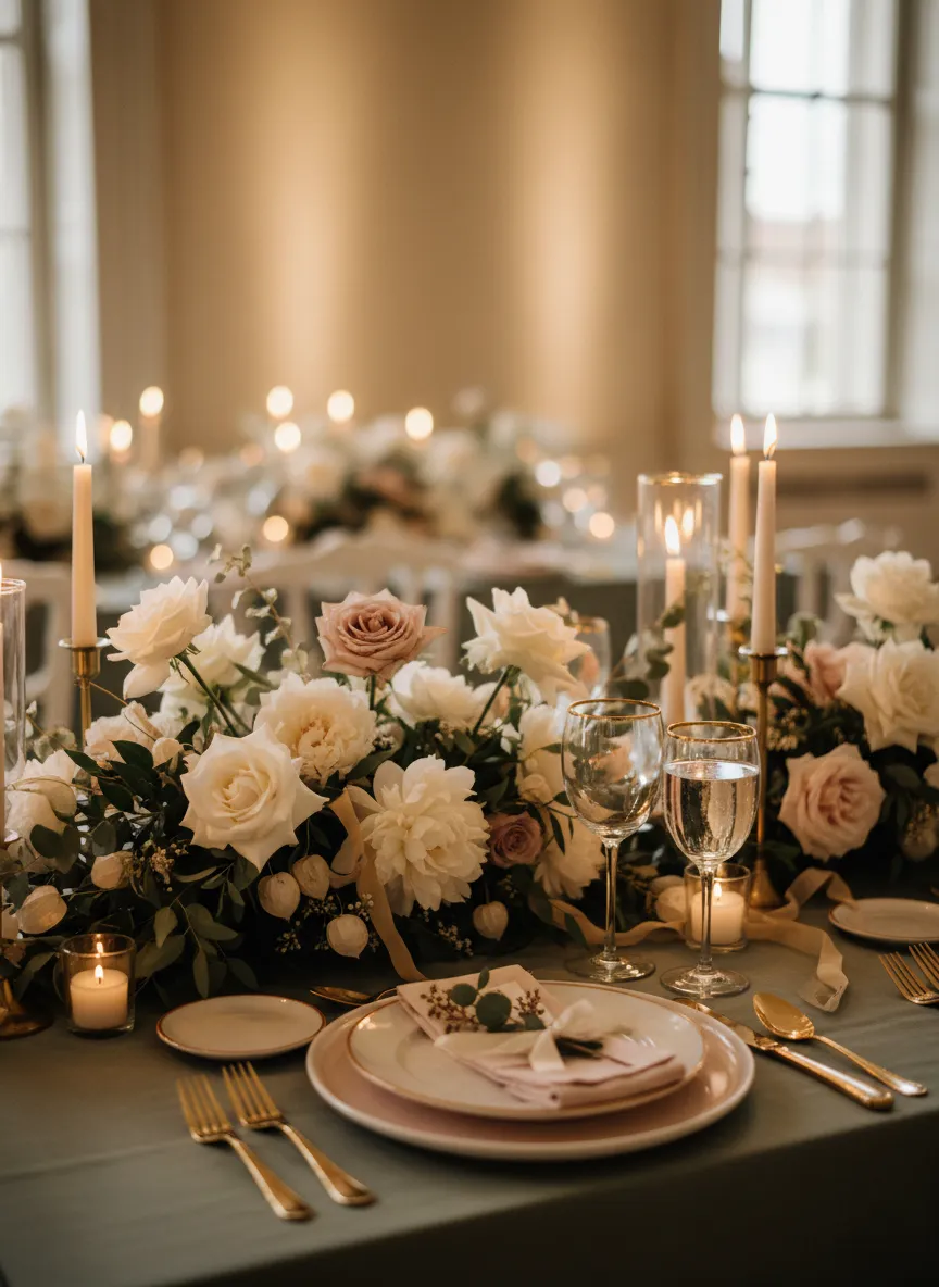 Luxurious event tablescape with feminine editorial styling
