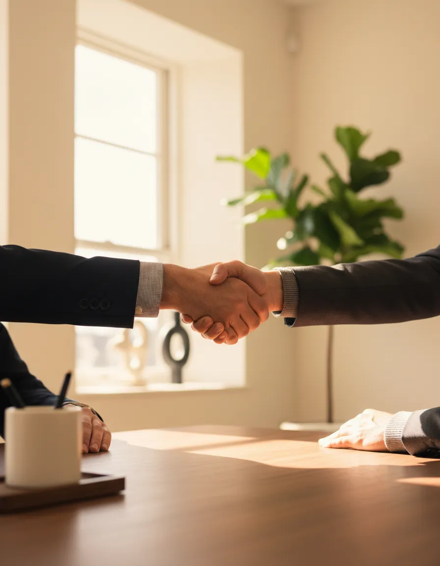 Two professionals shaking hands and collaborating over a desk