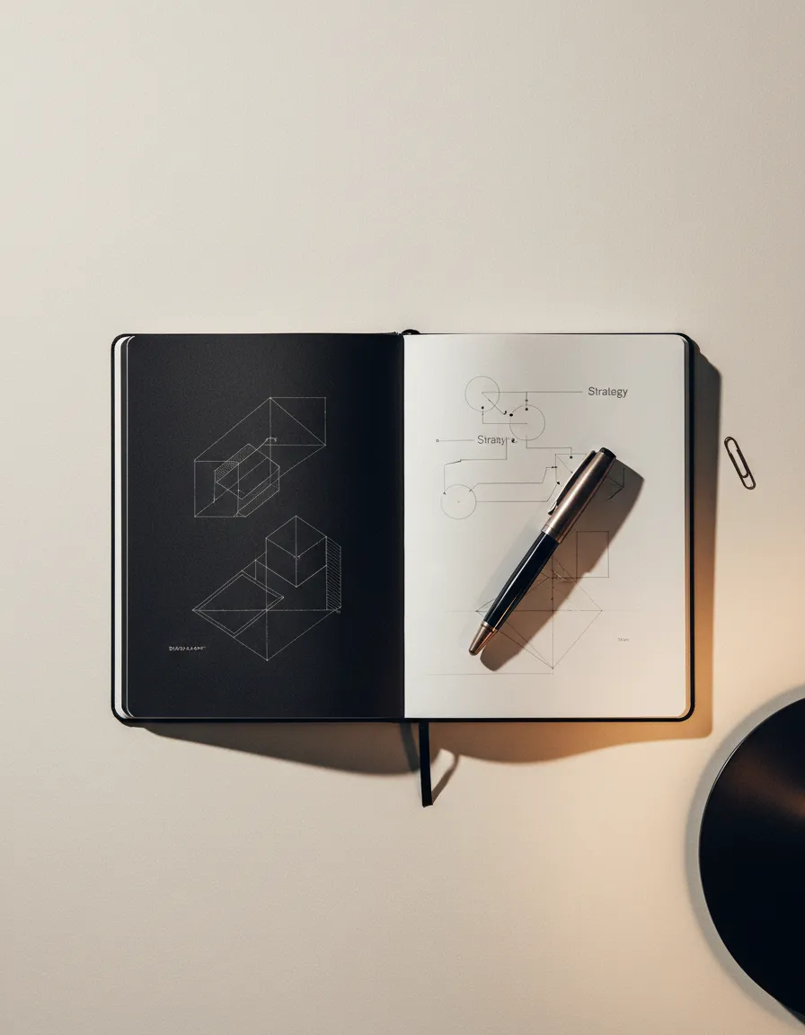 Realistic workspace details showing strategic planning and content creation
