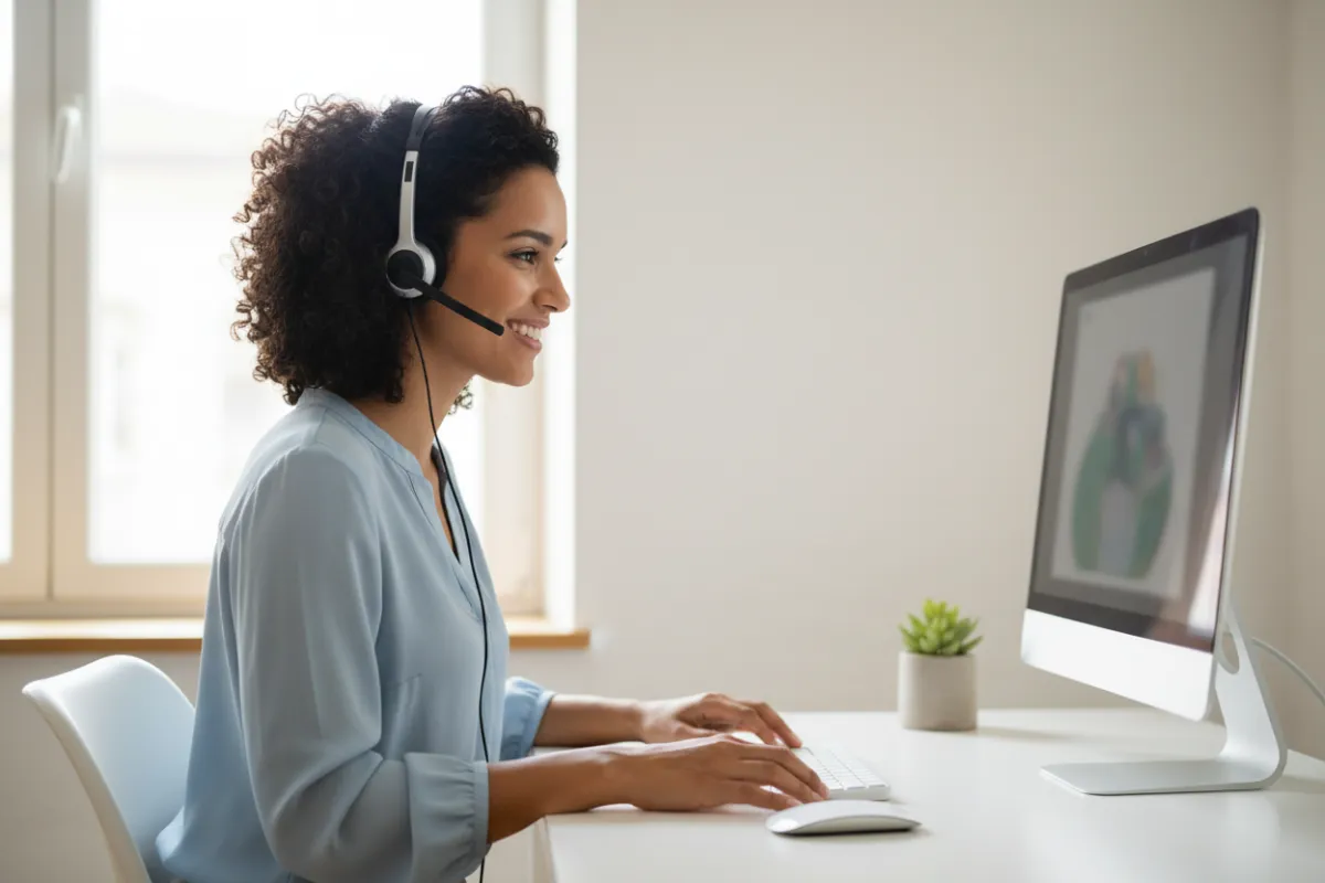 A friendly customer support agent, Latina woman in her 20s, wearing a headset and smiling at a computer in a minimalist office, 3:2 aspect ratio, clean and approachable, soft natural lighting.