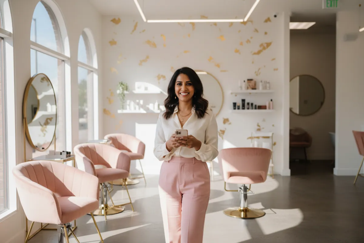 A modern beauty salon owner, South Asian woman in her 30s, smiling while using a smartphone in a bright, stylish salon with pink and gold accents, sunlight streaming through large windows, 3:2 aspect ratio, editorial style, vibrant and inviting atmosphere.
