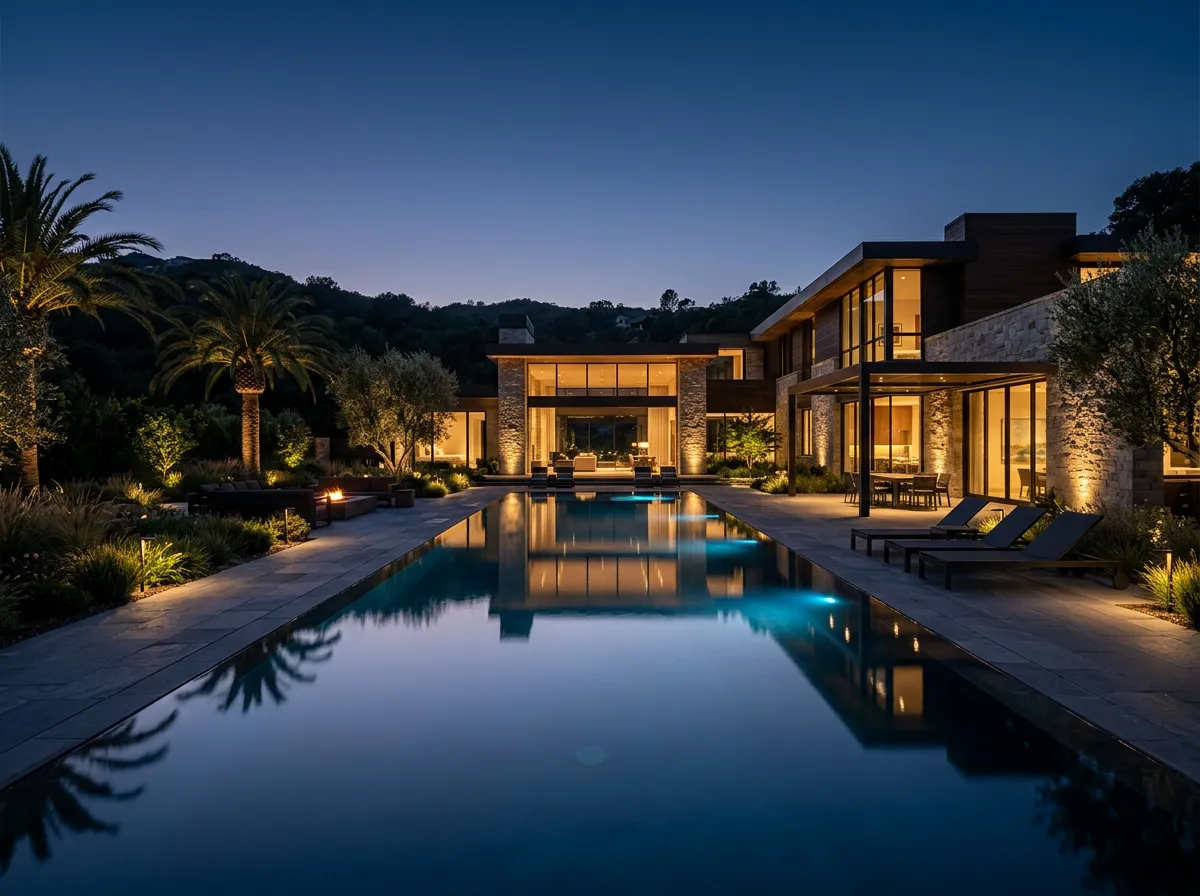 Completed luxury architectural swimming pool estate with evening lighting