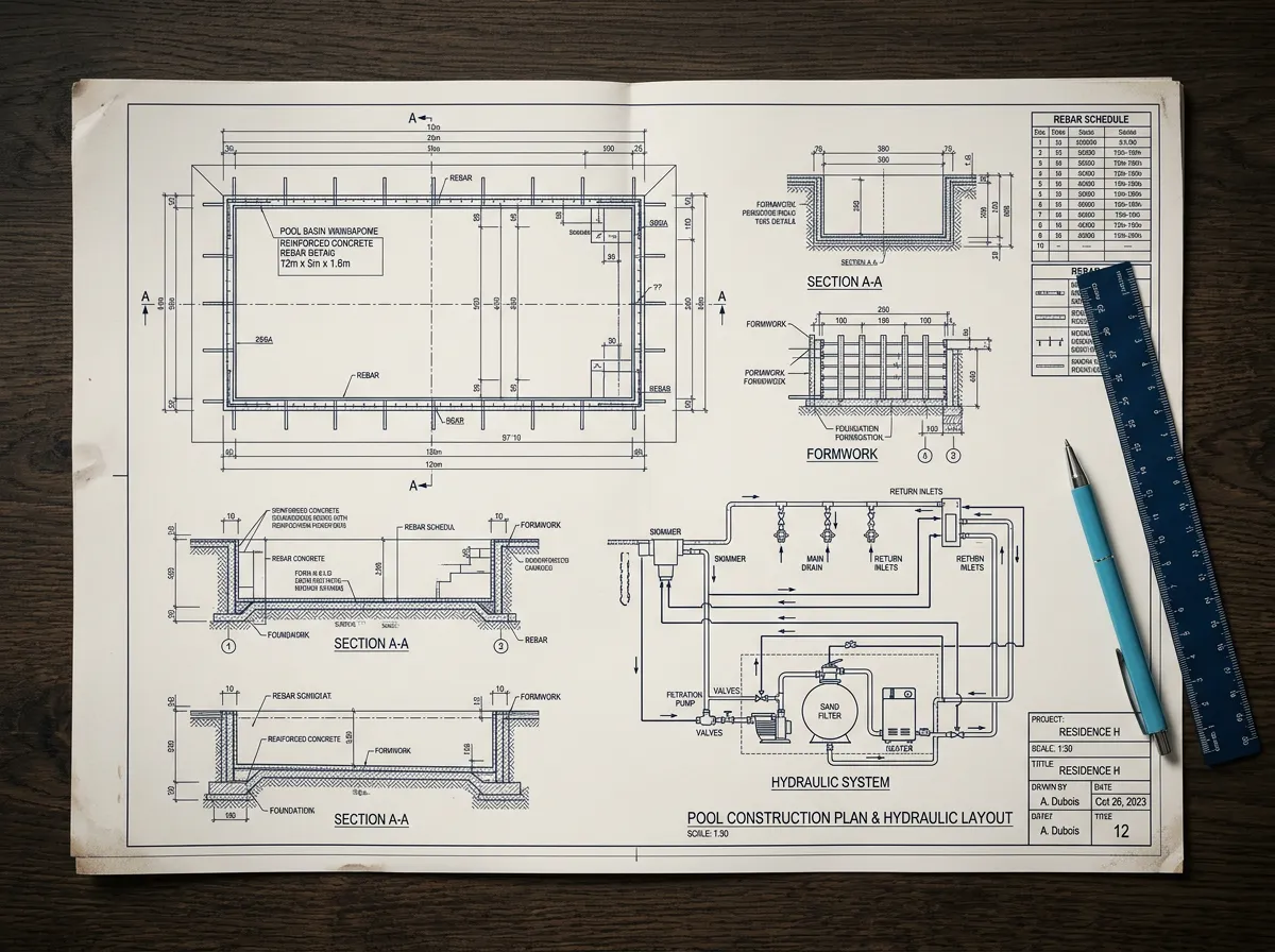 Architectural hydraulic layout and precision pool construction framework