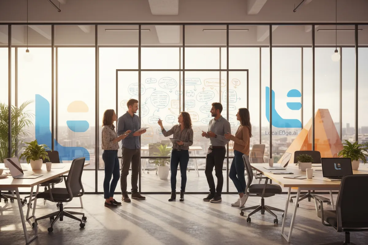 A bright, modern co-working office with LocalEdge.ai branding: open layout, floor-to-ceiling windows, team whiteboard covered in product flow sketches, warm midday natural light, photorealistic style emphasizing collaboration and an energetic startup culture.