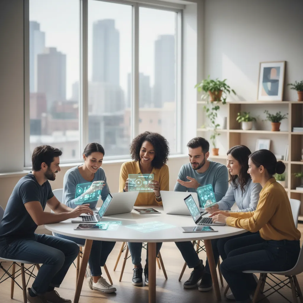 A diverse group of professionals collaborating around a table, with laptops and digital devices, in a bright, open office space.