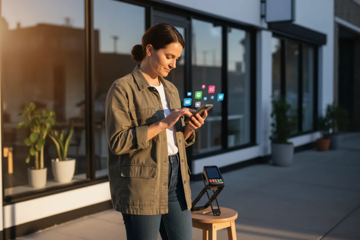 Small business owner checking messages on a smartphone outside a tidy storefront, emphasizing mobile access and speedy setup