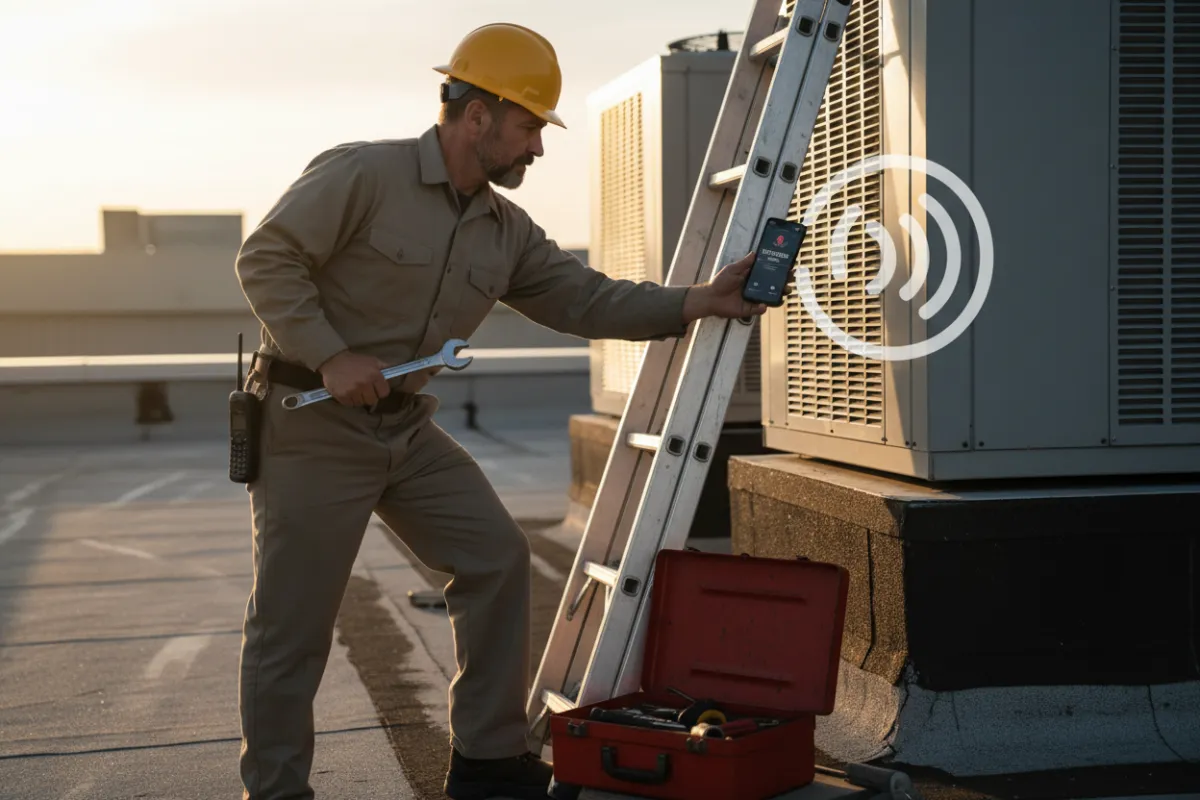 HVAC technician on a rooftop ladder with toolbox, phone overlay, daylight, urgency, missed calls.