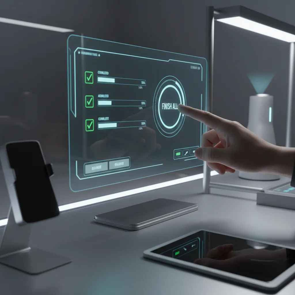 A close-up of a digital dashboard displaying automated task completion, with a hand reaching in to interact, set in a bright, modern workspace.