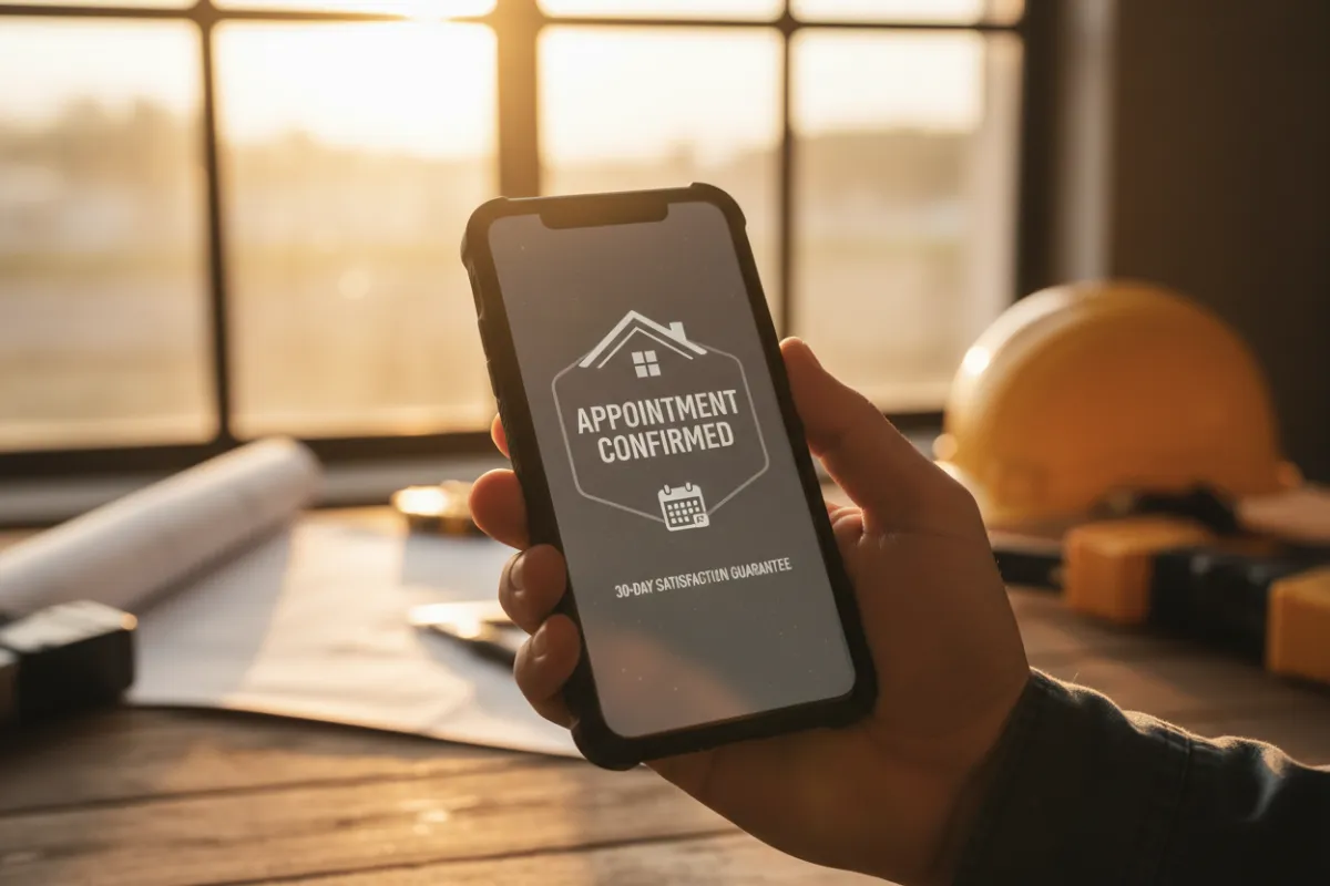 Close-up of a contractor's phone screen showing a booking confirmation message 'Appointment Confirmed', shallow depth of field with warm afternoon light, communicates trust and the 30-day guarantee effect on customer confidence.