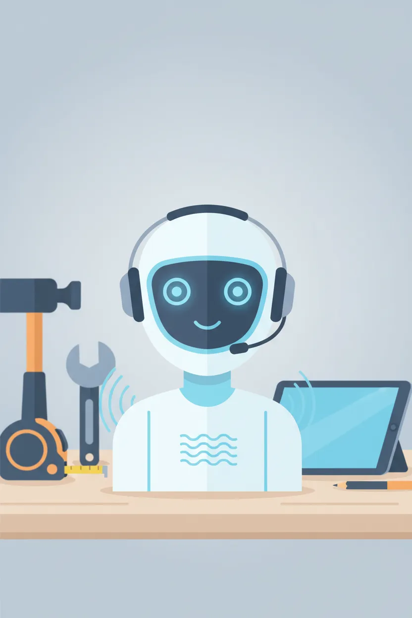 Tablet-style illustration of a friendly AI assistant avatar on a workbench with contractor tools