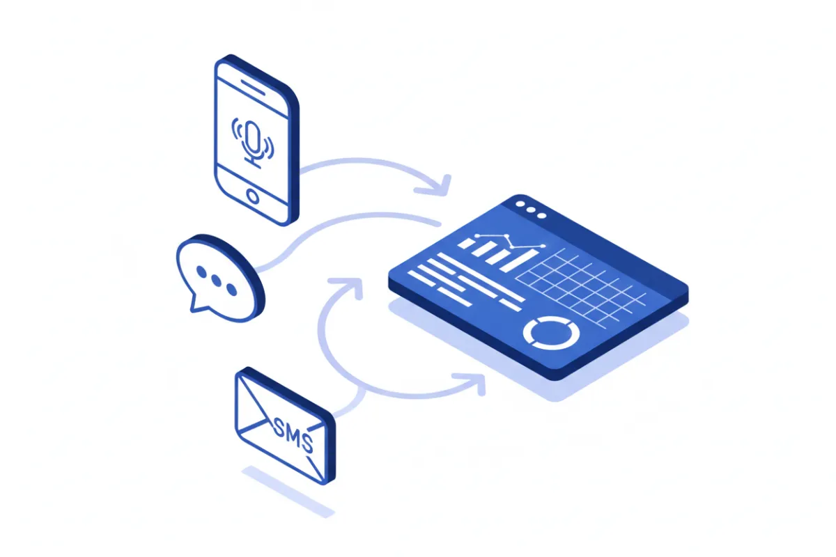 Isometric vector of interconnected channel icons feeding into a central dashboard