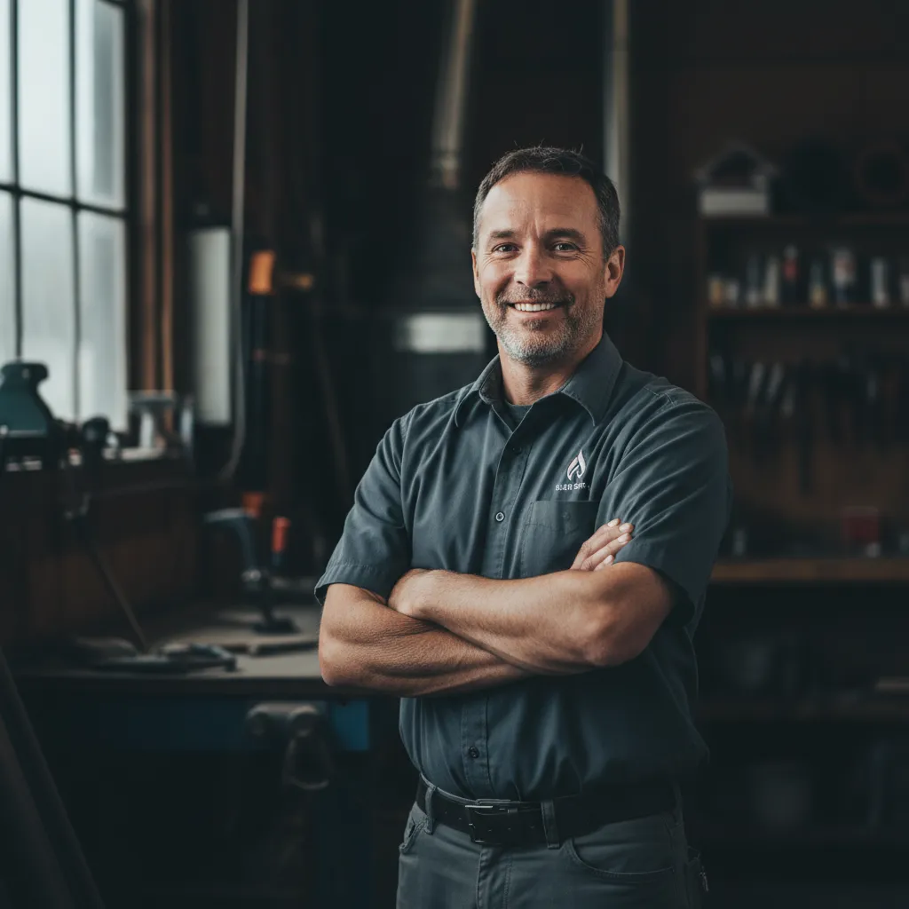 Portrait of a mid-40s HVAC business owner, smiling, arms crossed, standing against a blurred workshop backdrop, natural lighting, authentic expression, 1:1 square format, high-quality realistic photograph showcasing trust and authority.
