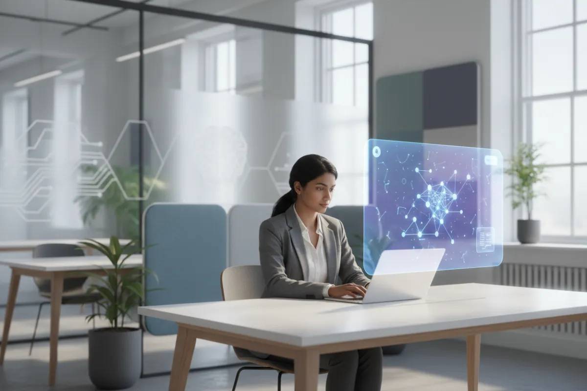 A modern office scene with a diverse professional using a laptop, a digital assistant interface projected beside them, and subtle AI motifs in the background.