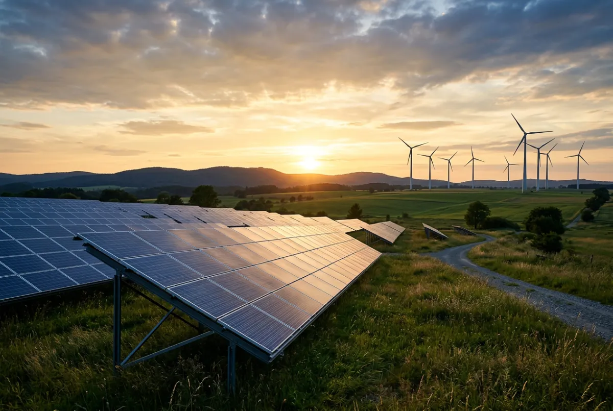Moderne Solaranlage und Windkraftwerke in sonniger Naturlandschaft
