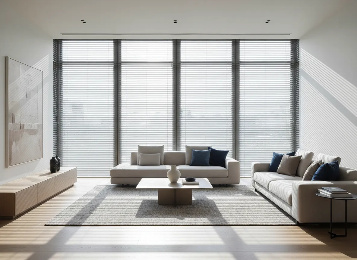 Modern living room with large windows and neatly fitted blinds