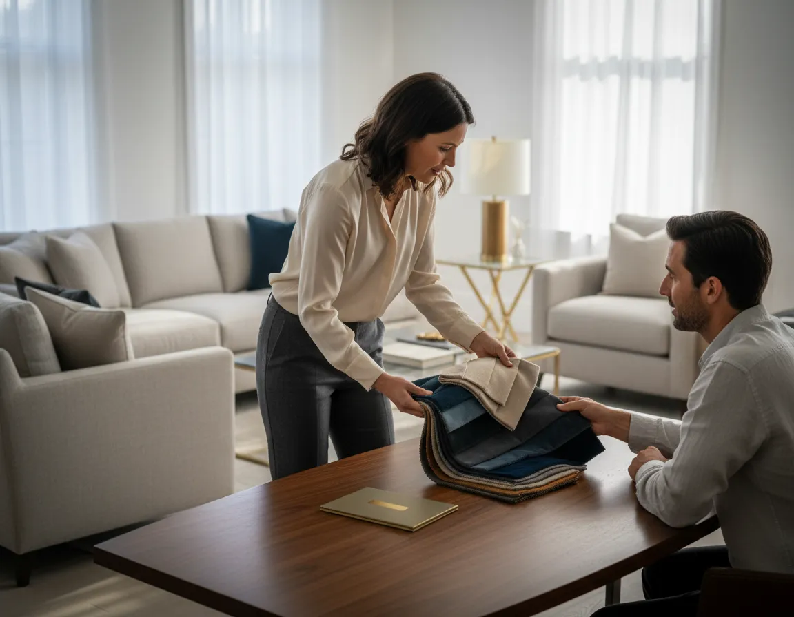 Interior design specialist showing fabric samples to a client during a home consultation in Birmingham