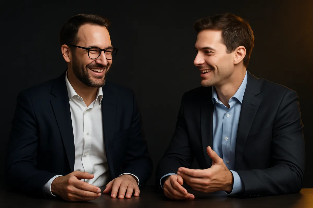 Founder and client in discussion with refined gold accent lighting