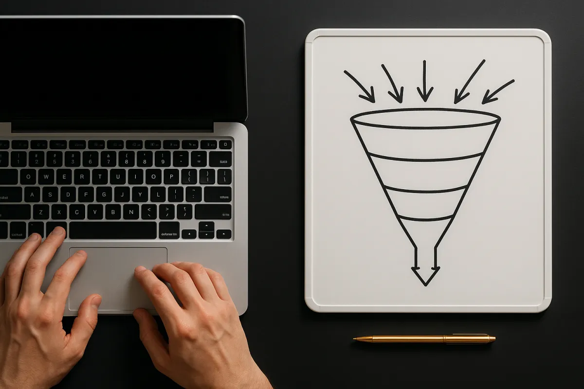 Editorial composition of keyboard, funnel whiteboard and gold pen