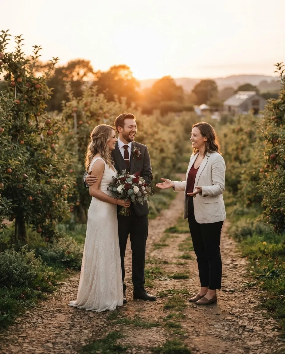 Round Mountain Cider Mill event hosting team welcoming couples in the golden hour apple orchard at sunset