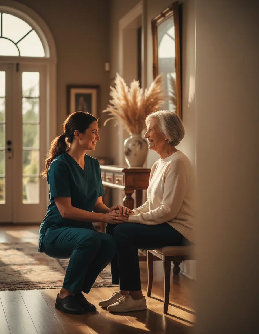 Caregiver smiling warmly with an elderly patient