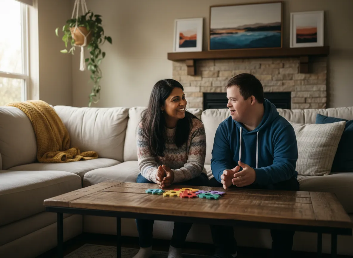 Warm living room scene with caregiver and adult resident