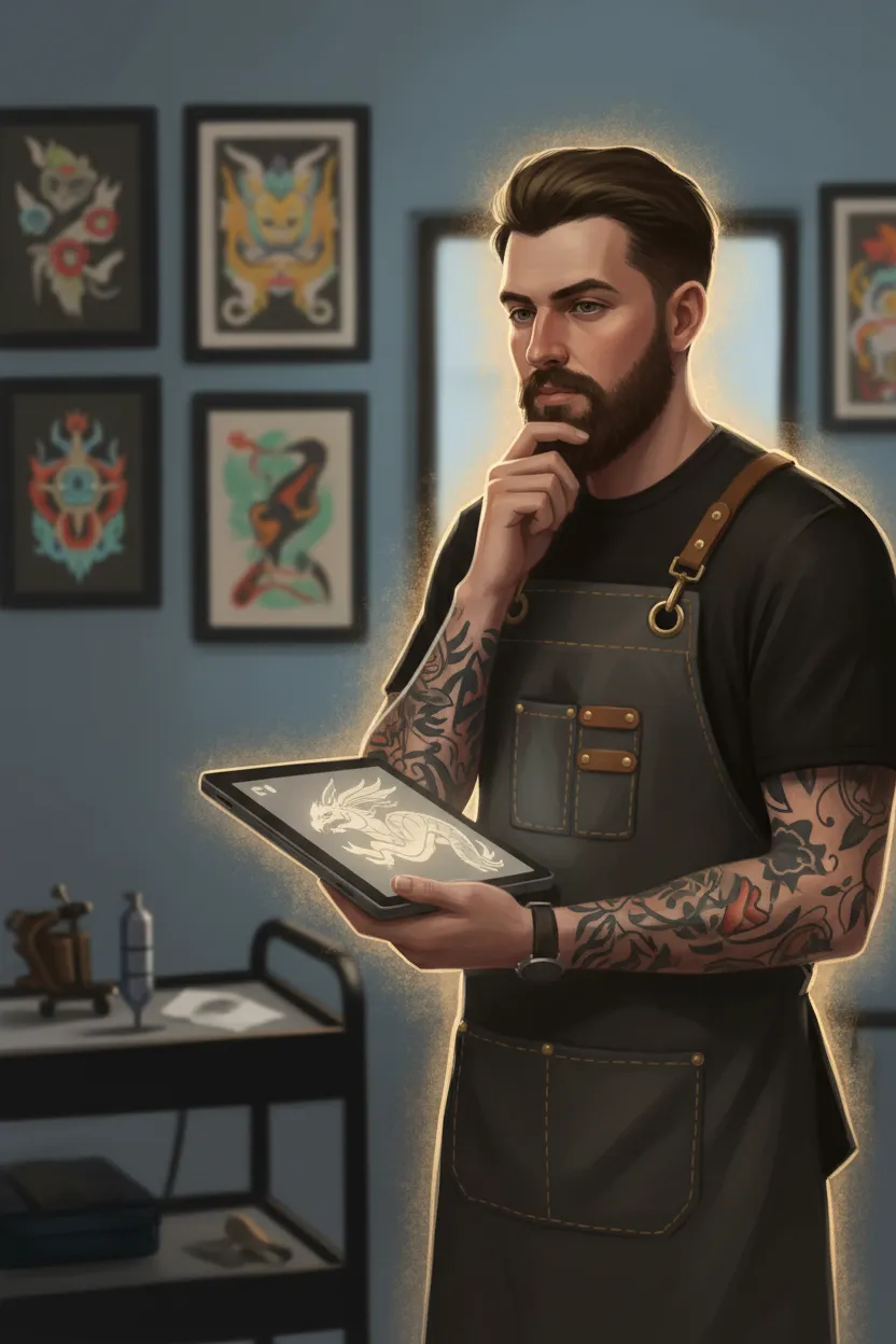 Portrait-style illustration of a tattoo artist holding a tablet, charcoal apron with antique-gold accents, studio lights soft behind, thoughtful pose, 2:3 portrait composition