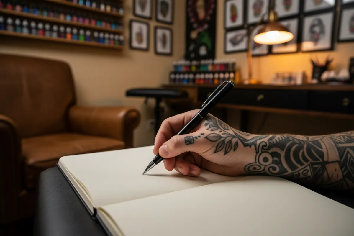 A close-up of a tattooed hand holding a pen, writing a testimonial on a notepad in a cozy tattoo studio.