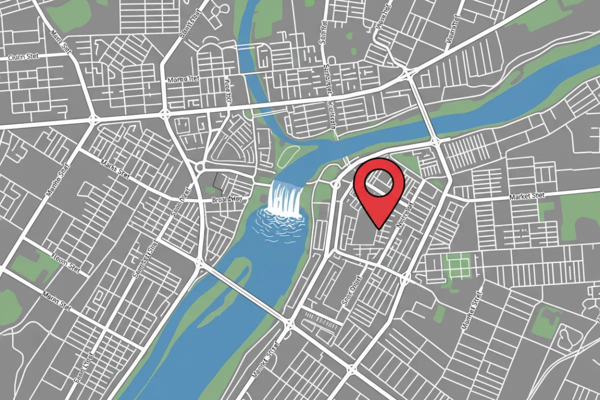 Illustrative aerial map view of central Paterson, New Jersey with a red location marker near a local driving school area.