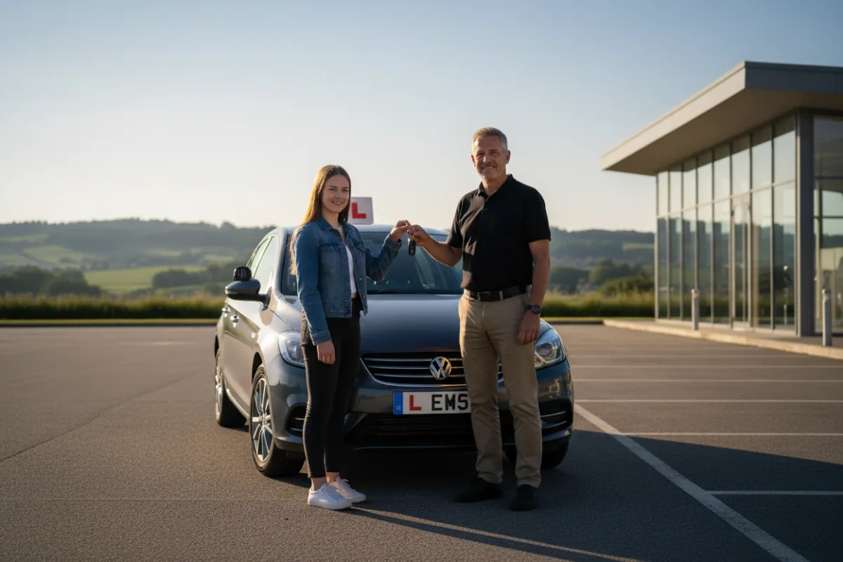 Driving instructor standing beside a compact instructor vehicle on a tree-lined suburban street at golden hour.