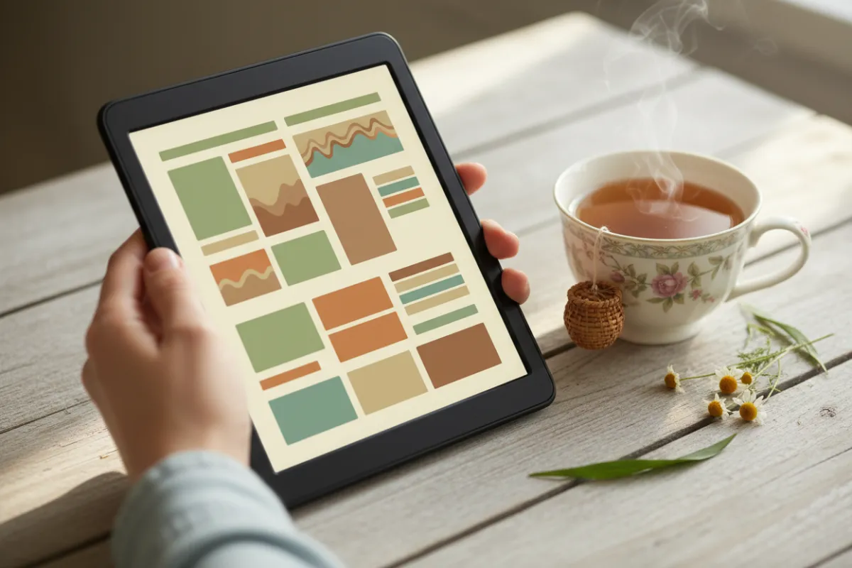 A close-up of hands holding an open eBook displaying colorful meal plans and charts, with a cup of herbal tea beside it on a wooden table.