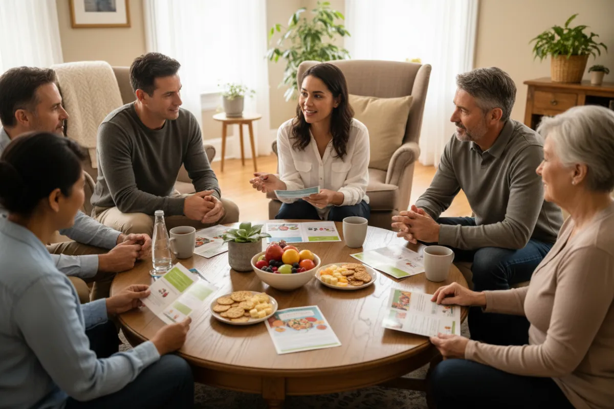 A diverse group of adults, including a caregiver, discussing cachexia around a living room table with medical brochures and healthy snacks.
