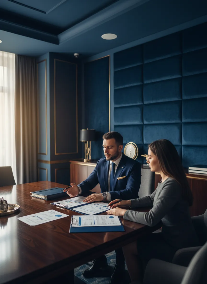 Consultor especialista em seguros conduzindo um atendimento personalizado em ambiente corporativo