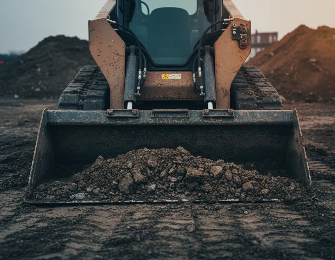 Industrial skid steer trenching through tough soil