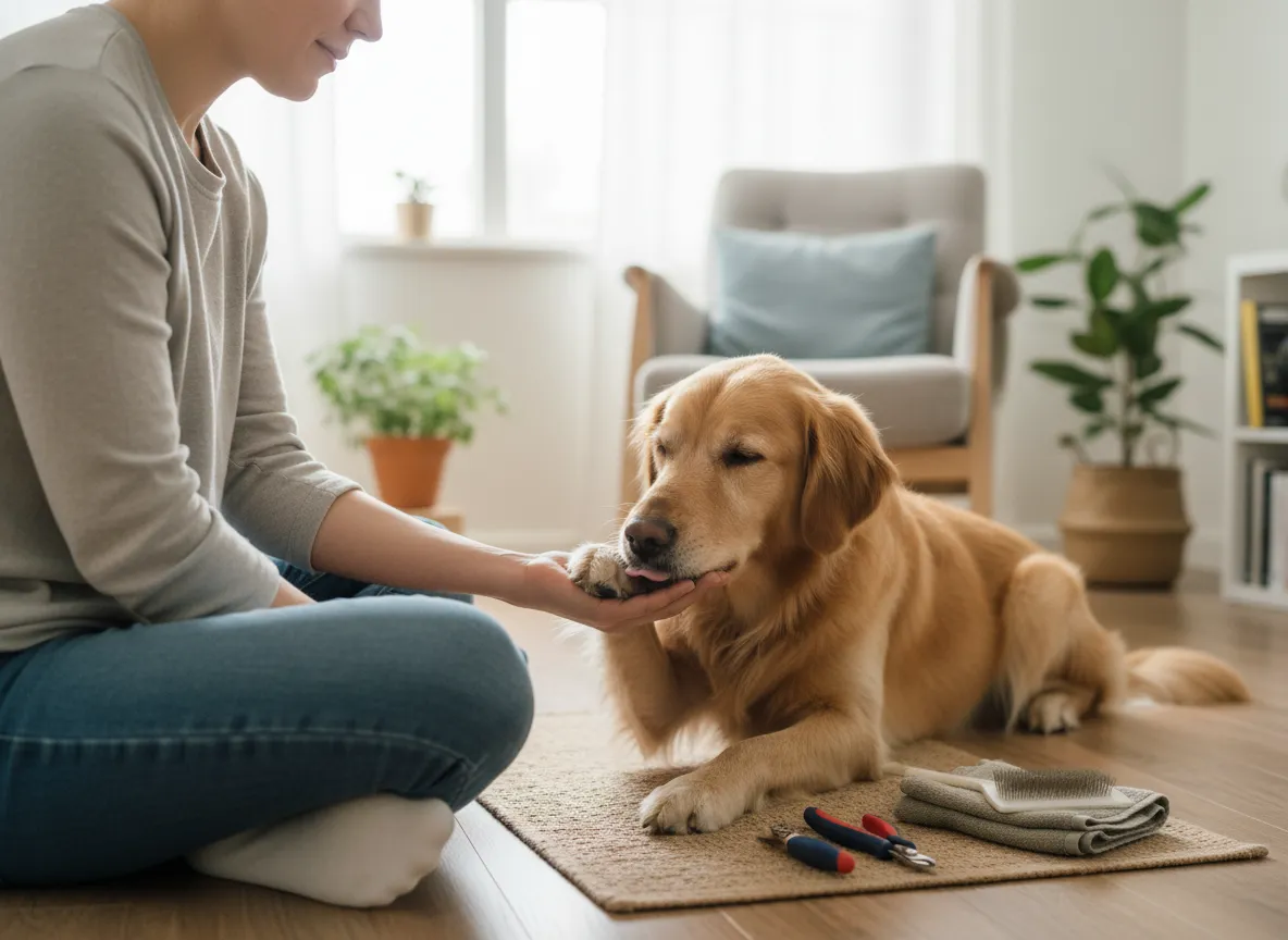 Dog and guardian in calm grooming training session
