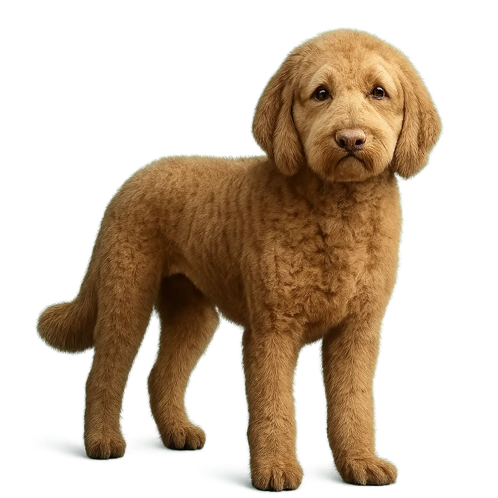 Curly-coated golden doodle standing, isolated on transparent background