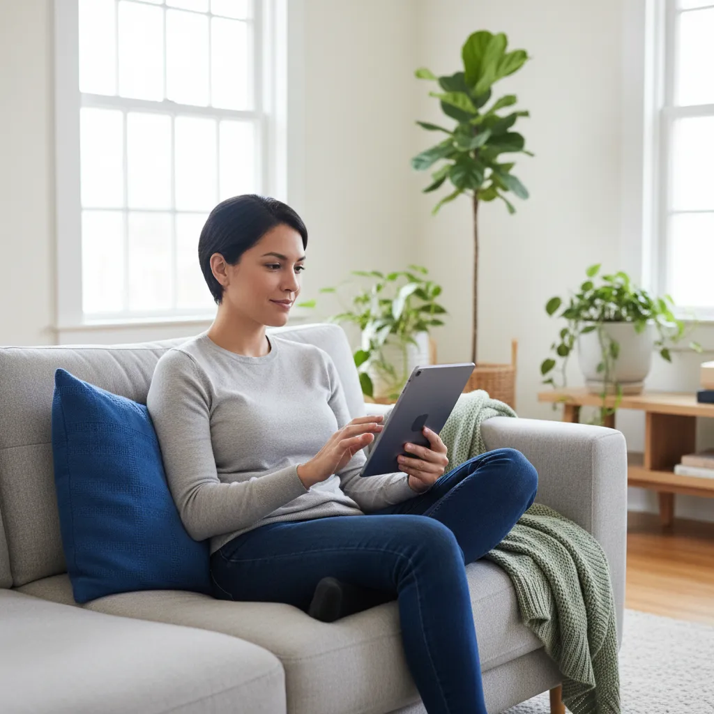 A buyer relaxing comfortably at home on a tablet, enjoying a stress-free car shopping experience