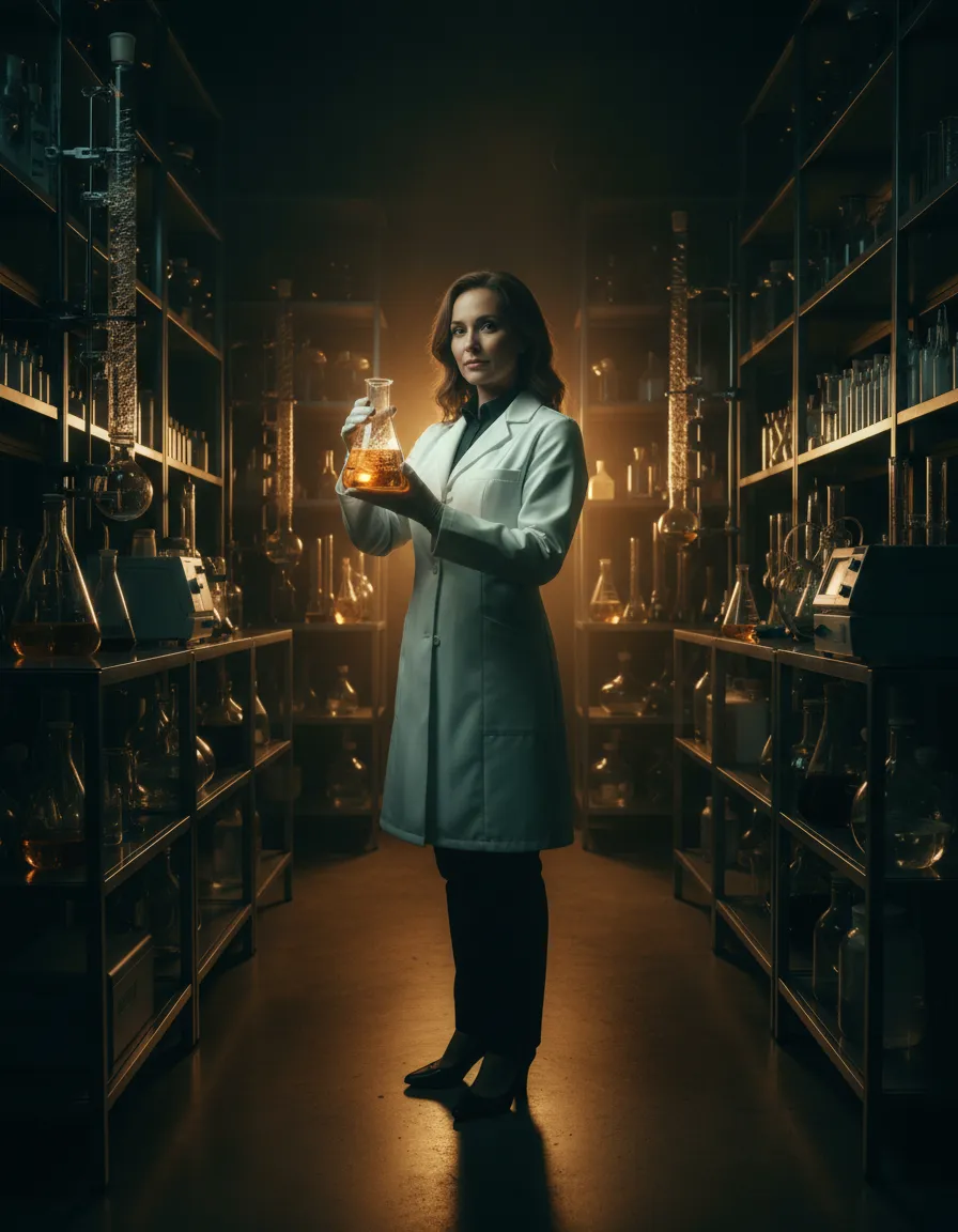 Cinematic shot of pharmacist in dark biotech laboratory setting