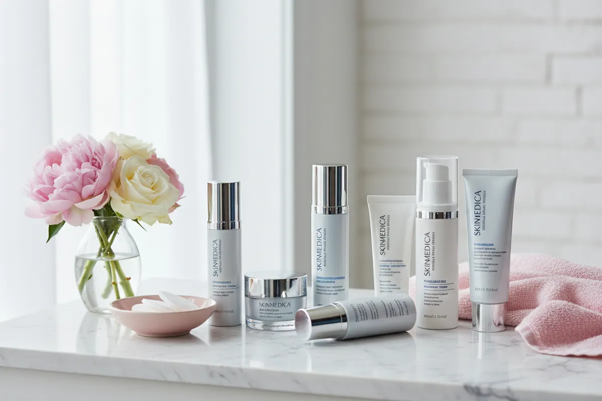 Selection of SkinMedica products arranged on a marble counter with soft pink accents and a small vase of fresh flowers nearby.