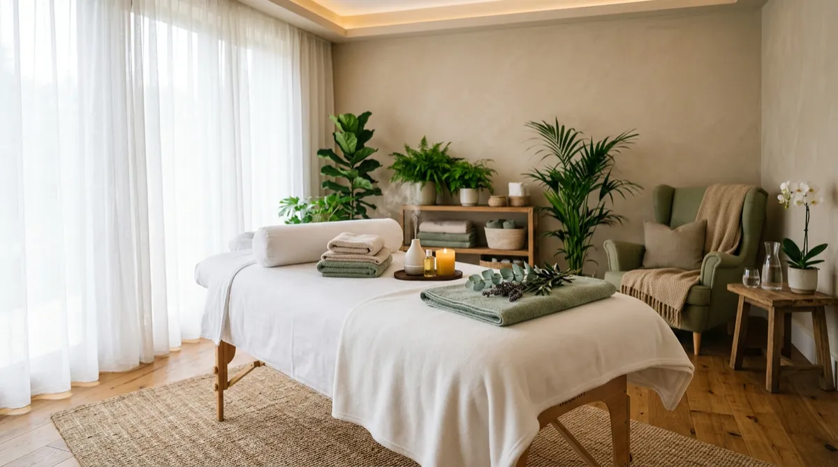 Serene private therapy room with natural botanical elements and tranquil atmosphere