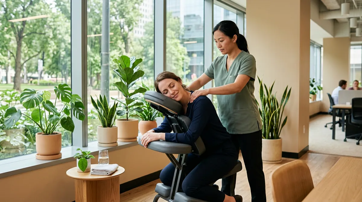 Corporate wellness session providing ergonomic stress relief and focused team renewal