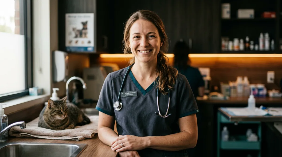 Veterinarian smiling in a supportive clinic environment