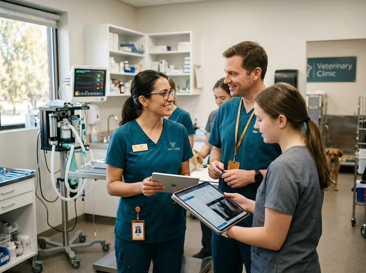 Veterinary clinical team collaborating in a calm, well-equipped hospital suite