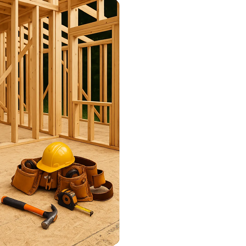 Oscarin General Construction LLC composite view of disciplined construction job site and precise architectural carpentry finishing detail