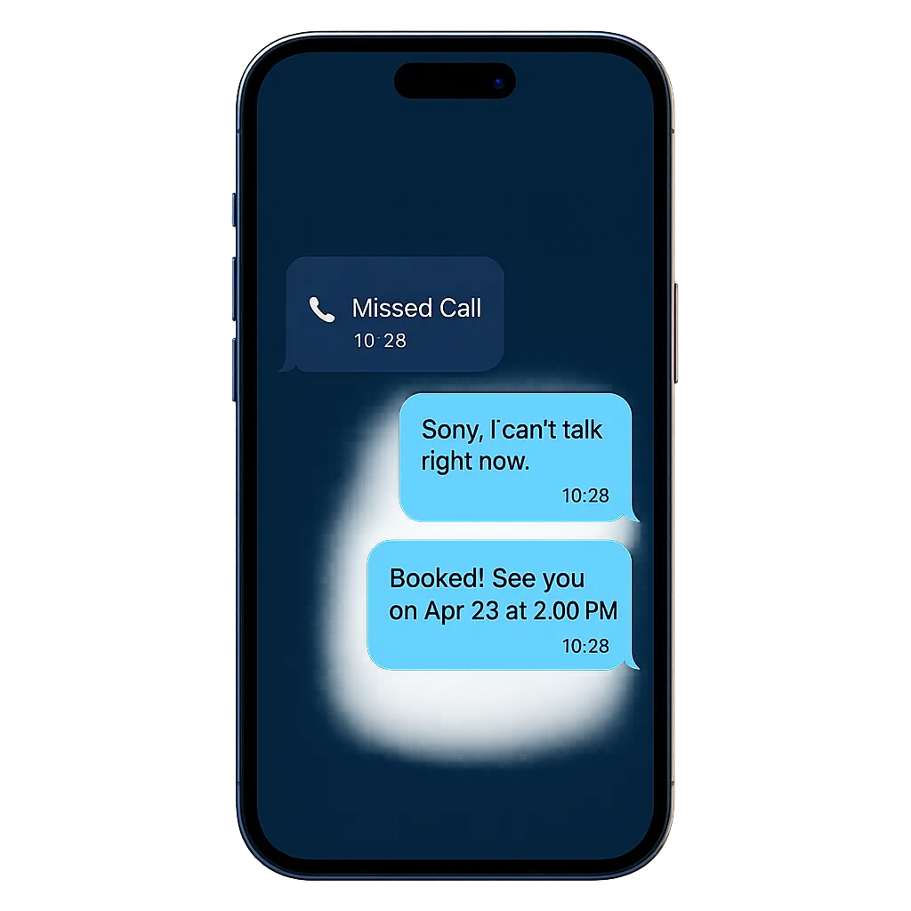 Automated missed call text message conversation on mobile phone interface