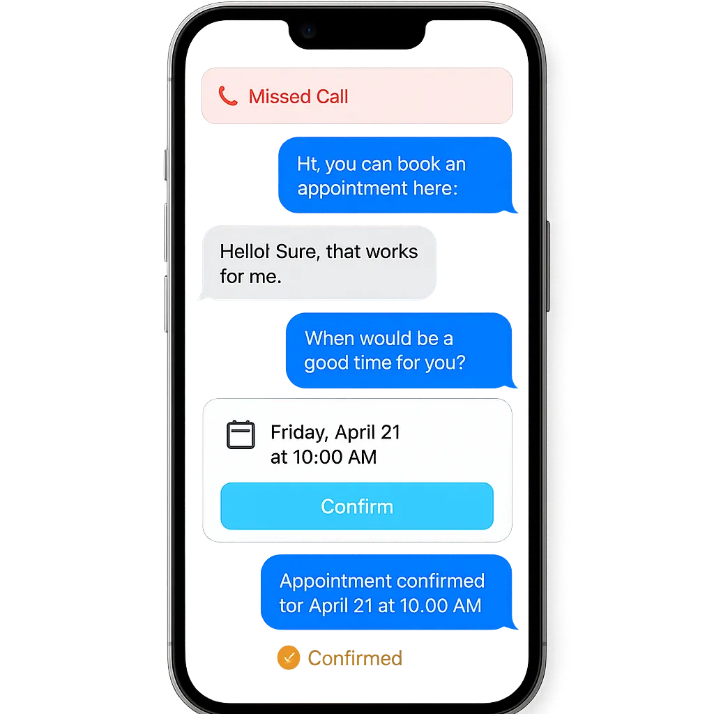 Automated SMS conversation sequence showing instant follow-up to a missed call
