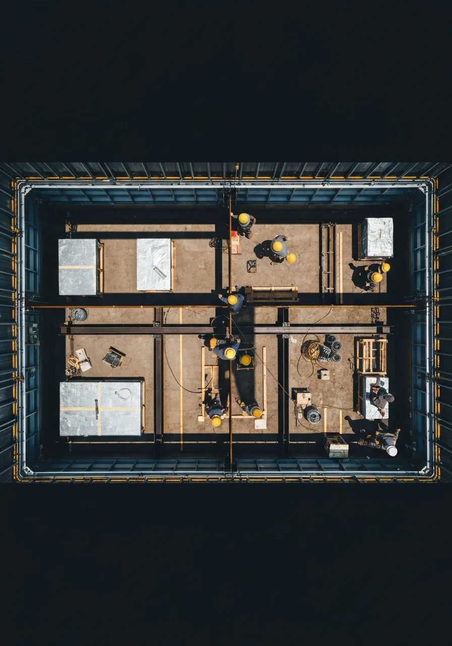 Active commercial construction site with crew working