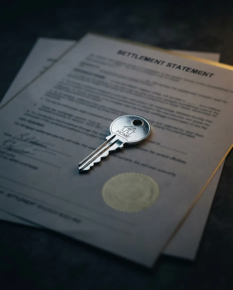 Close-up of a house key lying on formal mortgage settlement papers and deed documentation