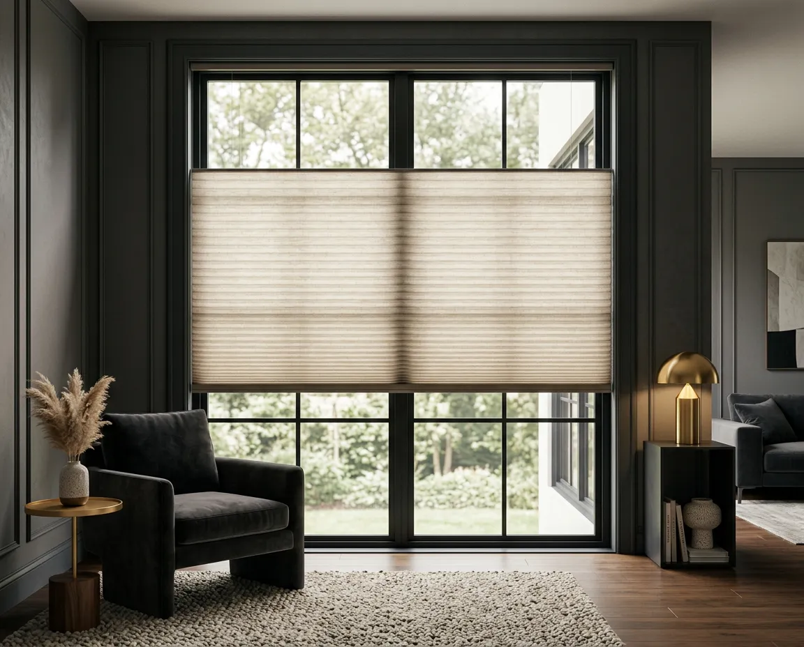 Luxury living space featuring premium motorized roller shades with warm natural sunlight