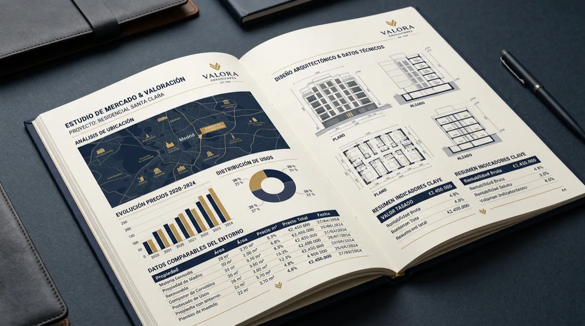 Muestra del informe de valoración inmobiliaria profesional con desglose de variables analizadas y mapas analíticos