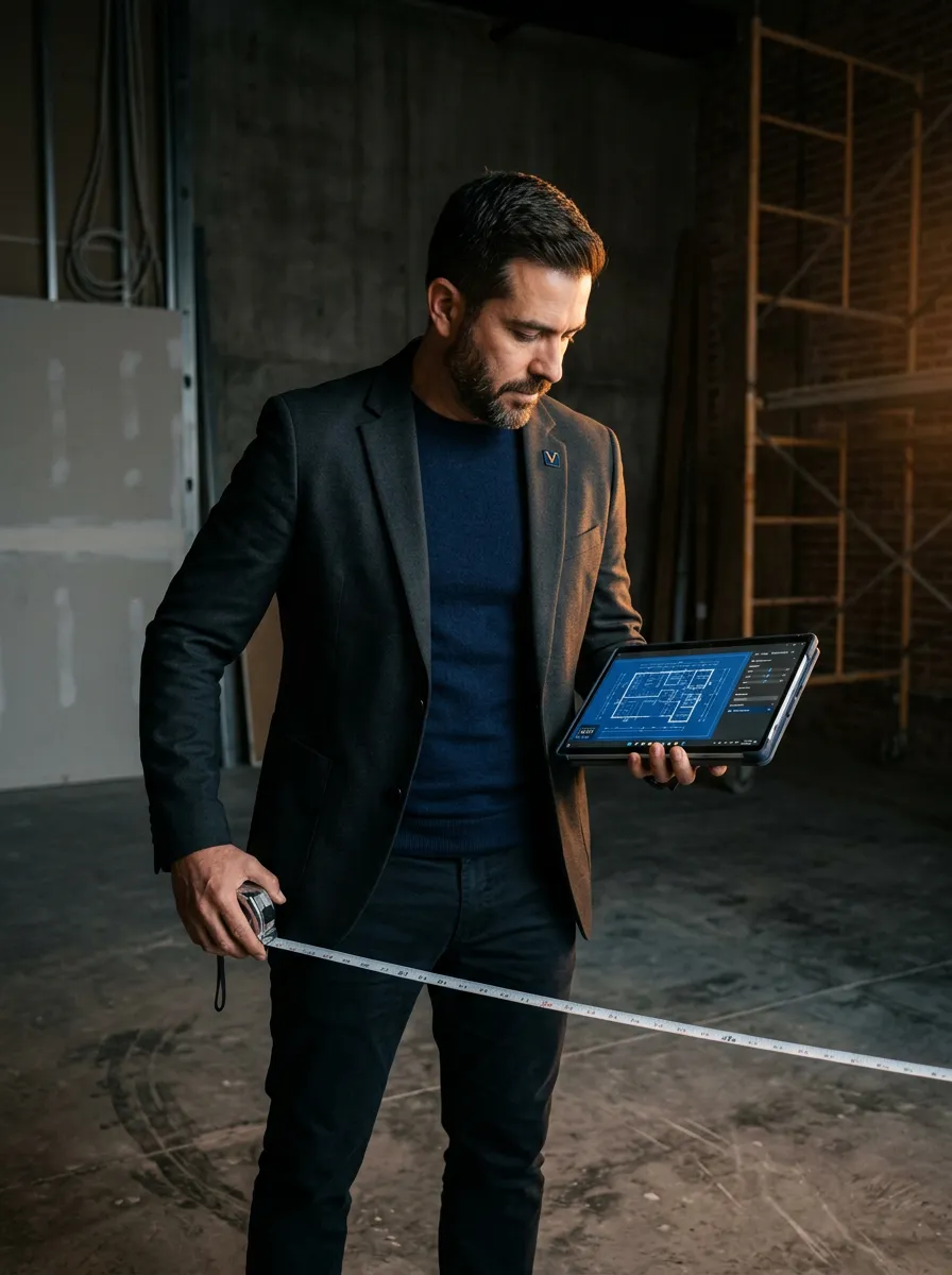 Arquitecto tasador realizando inspección física presencial con herramientas de medición